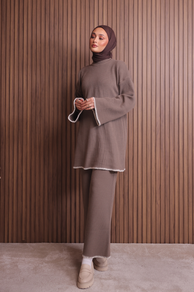 Balenbi Kadın Oversize Ribana Örgü İspanyol Kol Tesettür Triko Takım 1147 Standart - Toprak