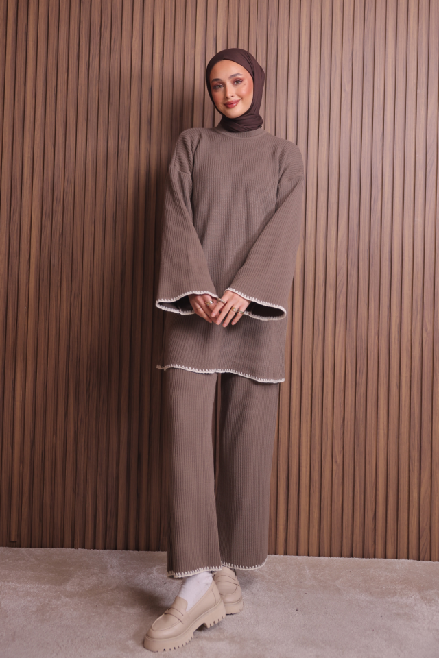 Balenbi Kadın Oversize Ribana Örgü İspanyol Kol Tesettür Triko Takım 1147 Standart - Toprak