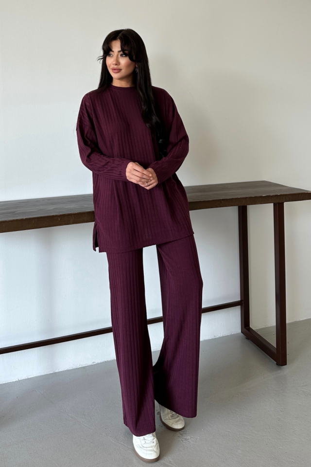 Balenbi Kadın Triko Görünümlü Çizgili Bisiklet Yaka Tesettür Tunik Takım 1152 XL - Bordo