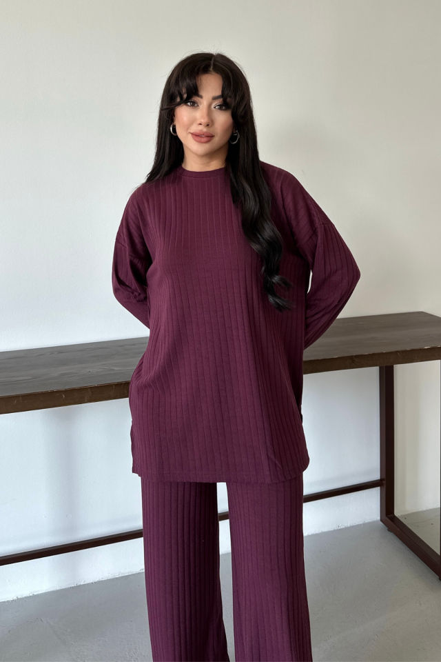 Balenbi Kadın Triko Görünümlü Çizgili Bisiklet Yaka Tesettür Tunik Takım 1152 XL - Bordo