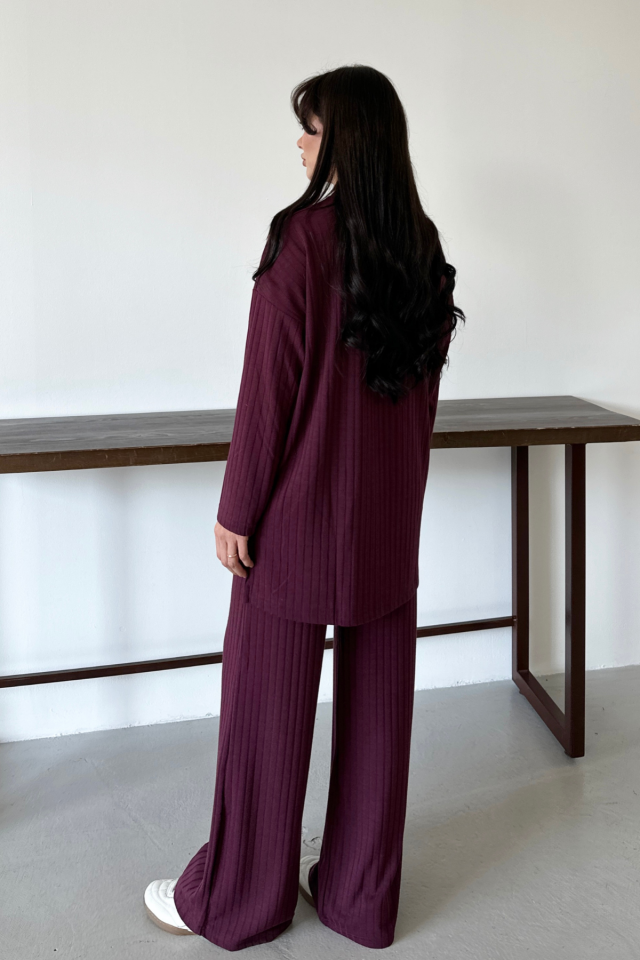 Balenbi Kadın Triko Görünümlü Çizgili Bisiklet Yaka Tesettür Tunik Takım 1152 XL - Bordo