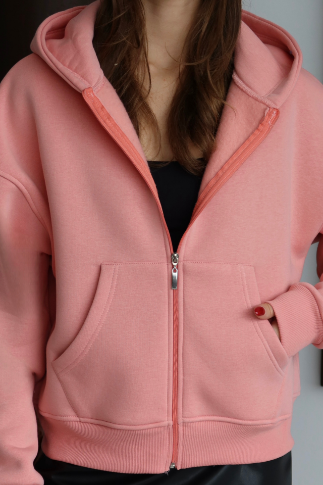 Balenbi Kadın 3 İplik İçi Polarlı Kapüşonlu Oversize Sweat Hırka 1110 S - Somon