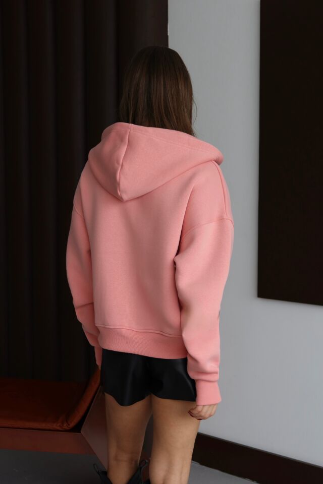 Balenbi Kadın 3 İplik İçi Polarlı Kapüşonlu Oversize Sweat Hırka 1110 S - Somon