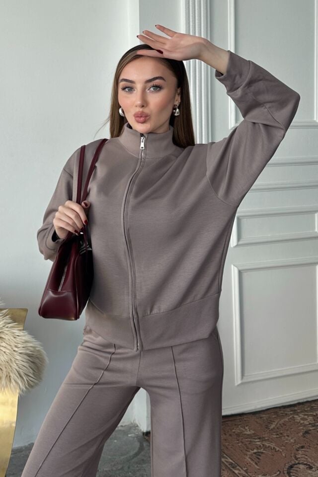 Balenbi Kadın Modal Kumaş Fermuarlı Dik Yaka Takım 1118 XL - Vizon