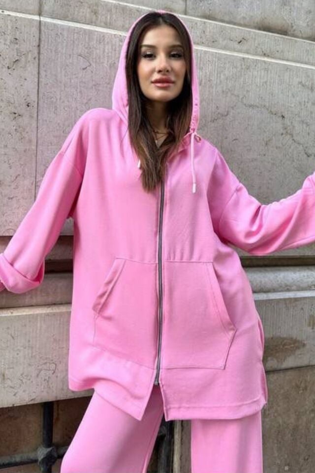 Balenbi Kadın Modal Penye Oversize Kapüşonlu Tesettür Tunik Takım 1108 S - Pembe