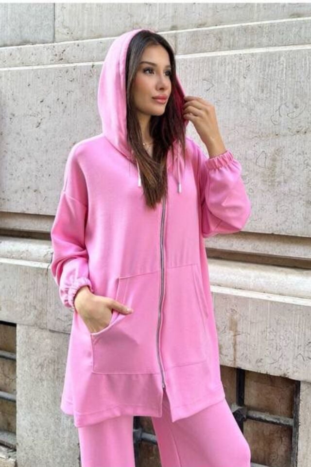 Balenbi Kadın Modal Penye Oversize Kapüşonlu Tesettür Tunik Takım 1108 S - Pembe