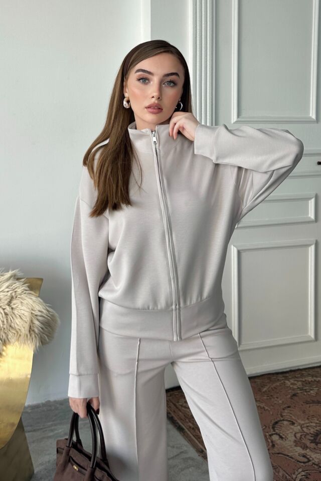 Balenbi Kadın Modal Kumaş Fermuarlı Dik Yaka Takım 1118 2XL - Taş