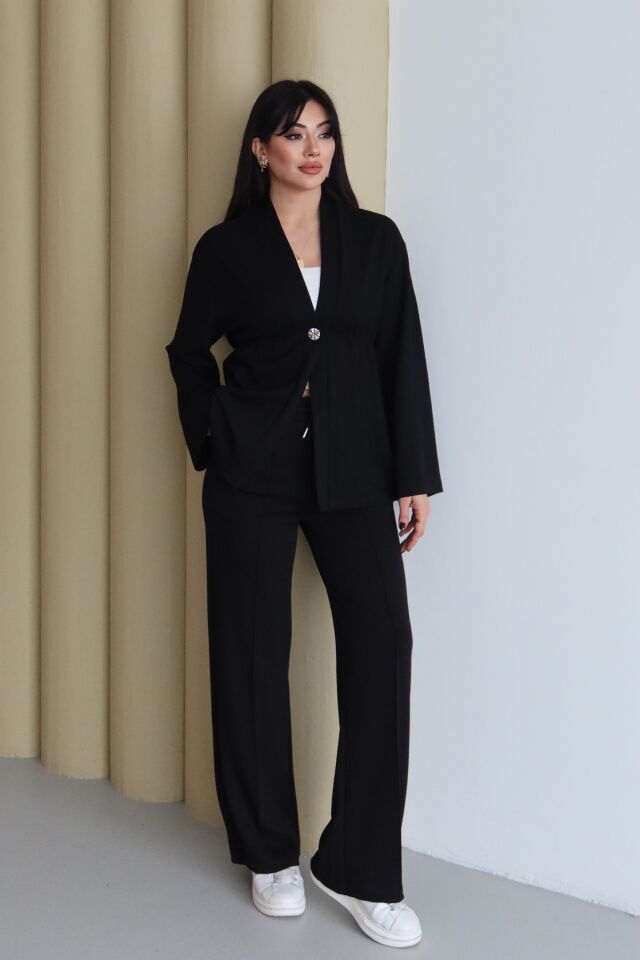 Balenbi Şal Yaka Büzgü Detaylı Rahat Kalıp Modal Kimono Tesettür Takım 1179 S - Siyah