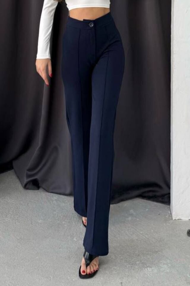 Balenbi 1079 Kadın Bej Yüksek Bel Toparlayıcı Ispanyol Paça Palazzo Pantolon Koyu Lacivert - 44