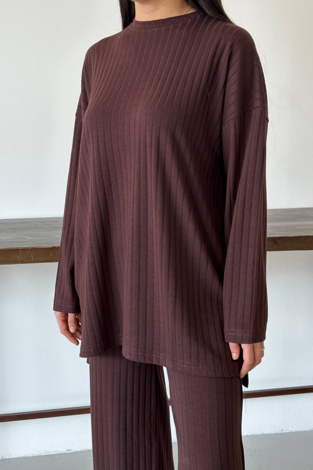 Balenbi Kadın Triko Görünümlü Çizgili Bisiklet Yaka Tesettür Tunik Takım 1152 S - Kahverengi