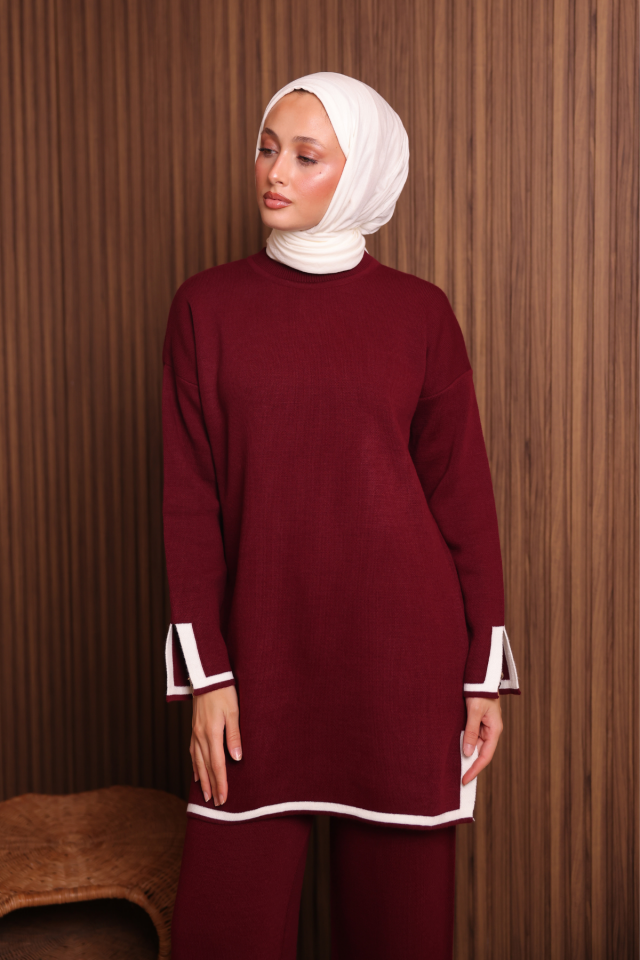 Balenbi Kadın Oversize Sık Örgü Yırtmaçlı Tesettür Triko Takım 1146 Standart - Bordo