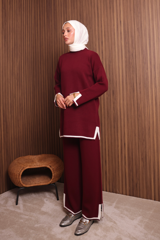 Balenbi Kadın Oversize Sık Örgü Yırtmaçlı Tesettür Triko Takım 1146 Standart - Bordo