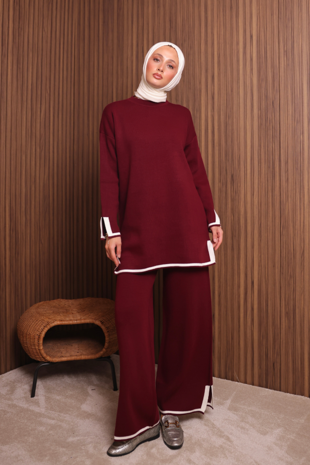 Balenbi Kadın Oversize Sık Örgü Yırtmaçlı Tesettür Triko Takım 1146 Standart - Bordo