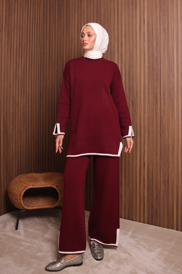 Balenbi Kadın Oversize Sık Örgü Yırtmaçlı Tesettür Triko Takım 1146 Standart - Bordo