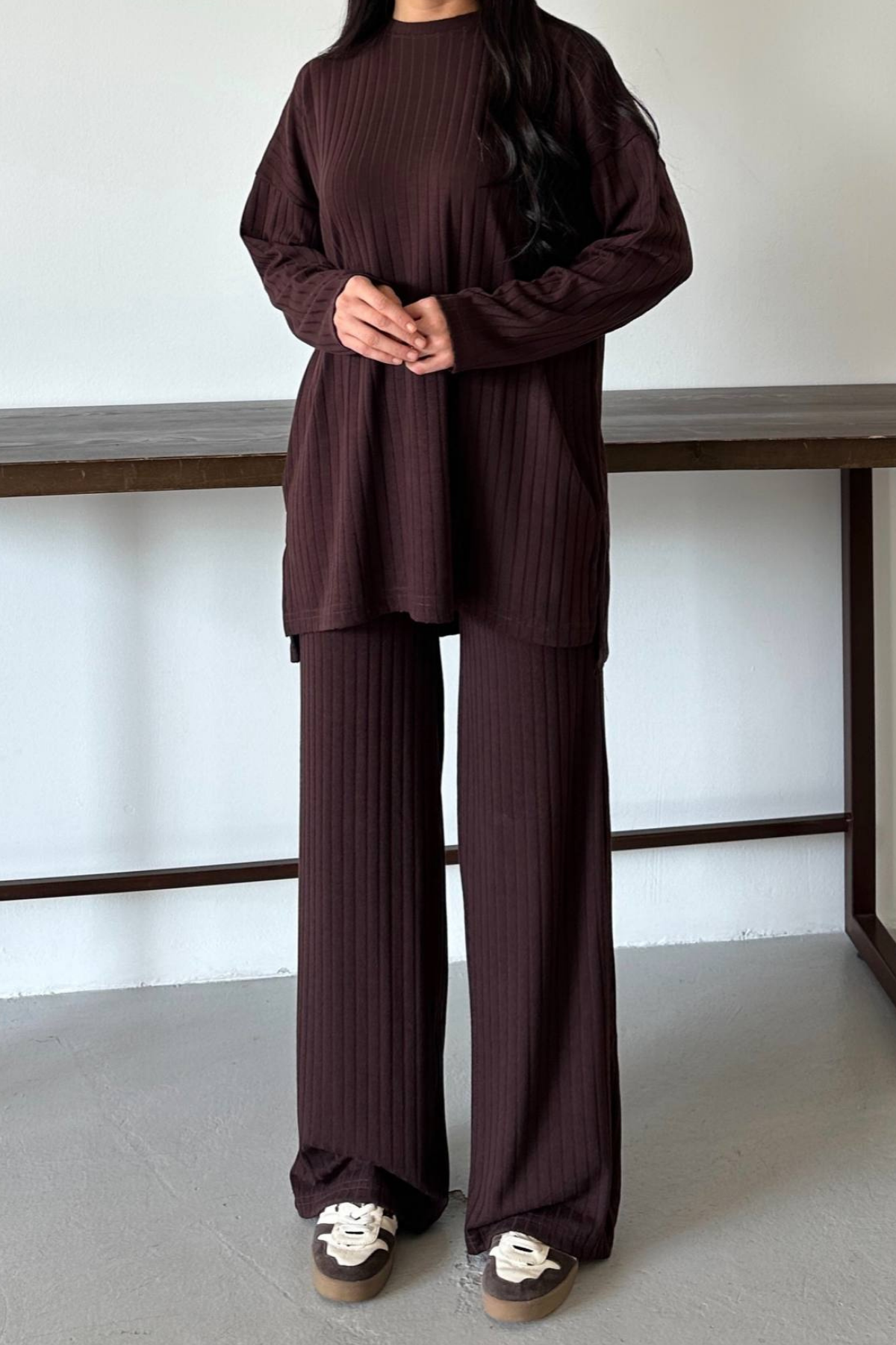 Balenbi Kadın Triko Görünümlü Çizgili Bisiklet Yaka Tesettür Tunik Takım 1152 XL - Kahverengi