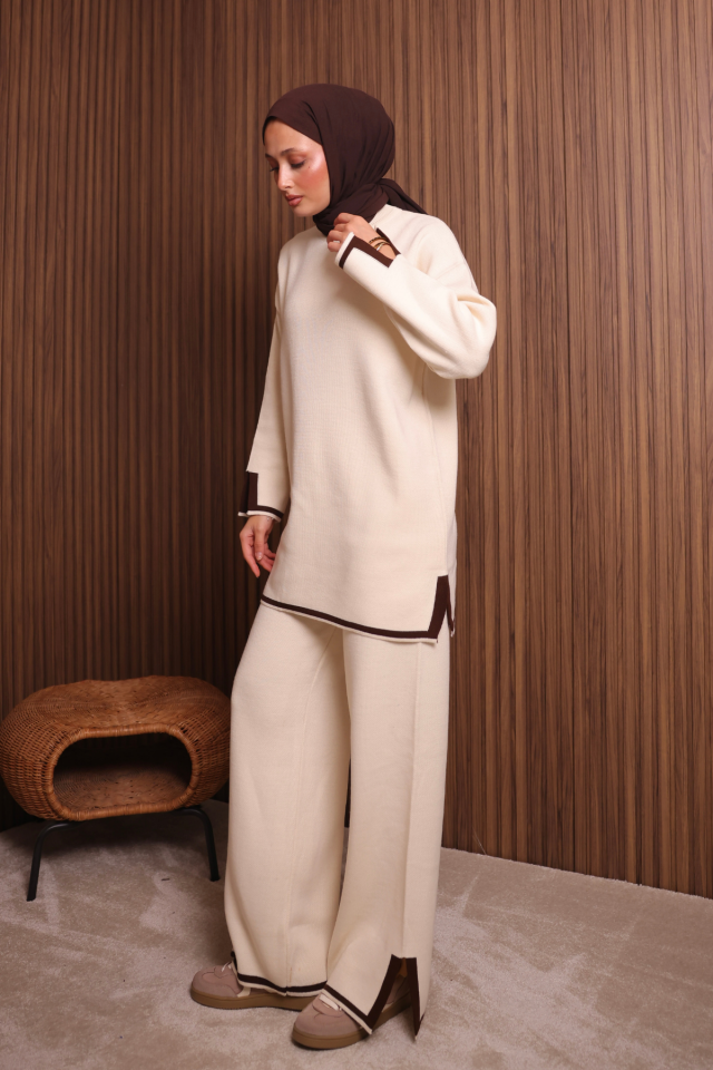 Balenbi Kadın Oversize Sık Örgü Yırtmaçlı Tesettür Triko Takım 1146 Standart - Krem