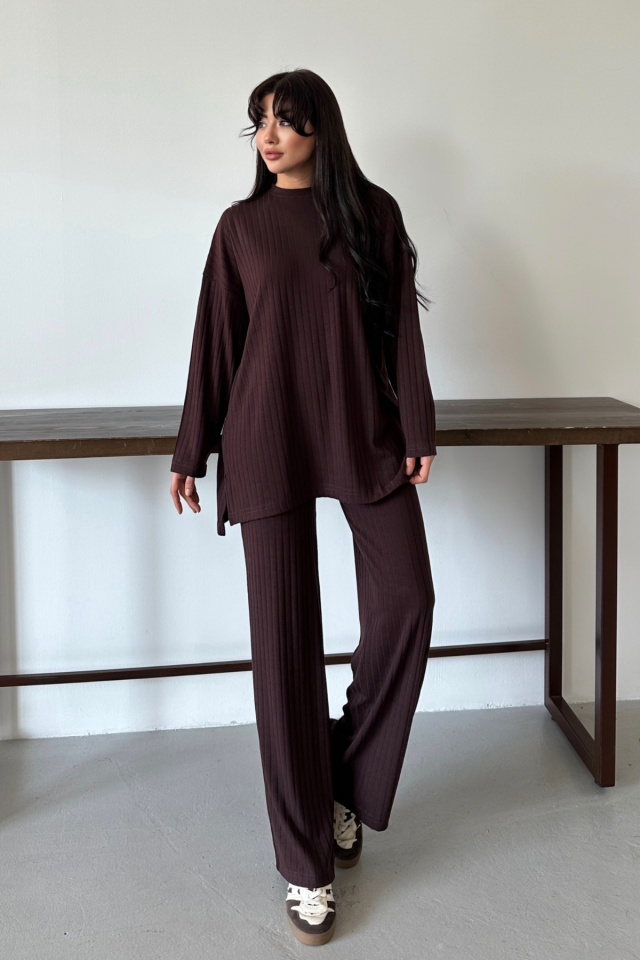 Balenbi Kadın Triko Görünümlü Çizgili Bisiklet Yaka Tesettür Tunik Takım 1152 XL - Kahverengi