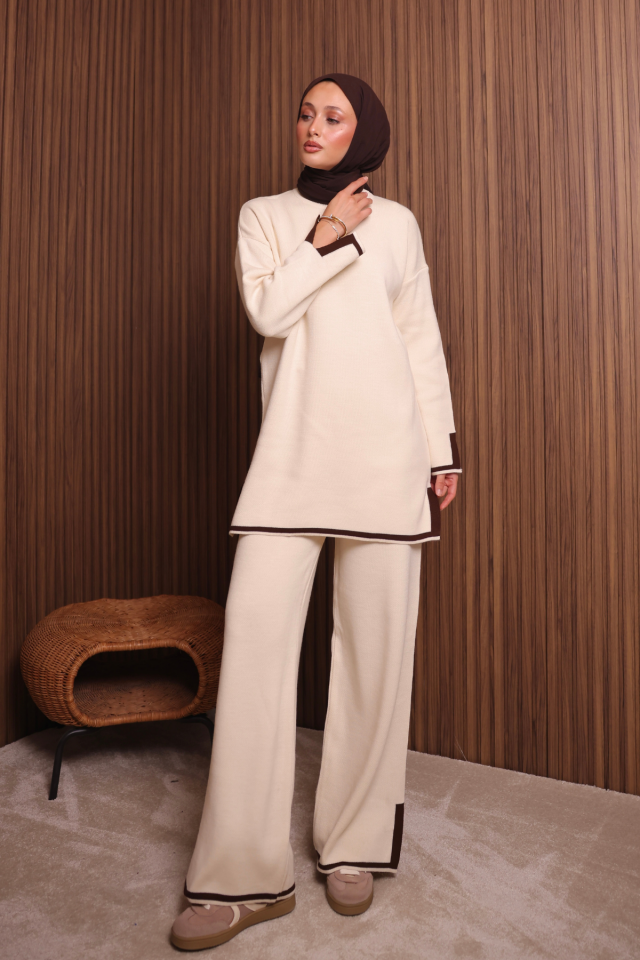 Balenbi Kadın Oversize Sık Örgü Yırtmaçlı Tesettür Triko Takım 1146 Standart - Krem