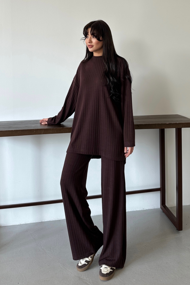 Balenbi Kadın Triko Görünümlü Çizgili Bisiklet Yaka Tesettür Tunik Takım 1152 XL - Kahverengi