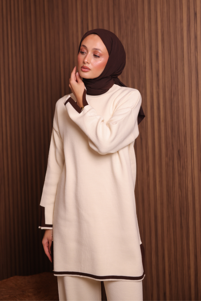 Balenbi Kadın Oversize Sık Örgü Yırtmaçlı Tesettür Triko Takım 1146 Krem - Standart