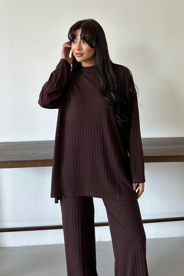 Balenbi Kadın Triko Görünümlü Çizgili Bisiklet Yaka Tesettür Tunik Takım 1152 XL - Kahverengi