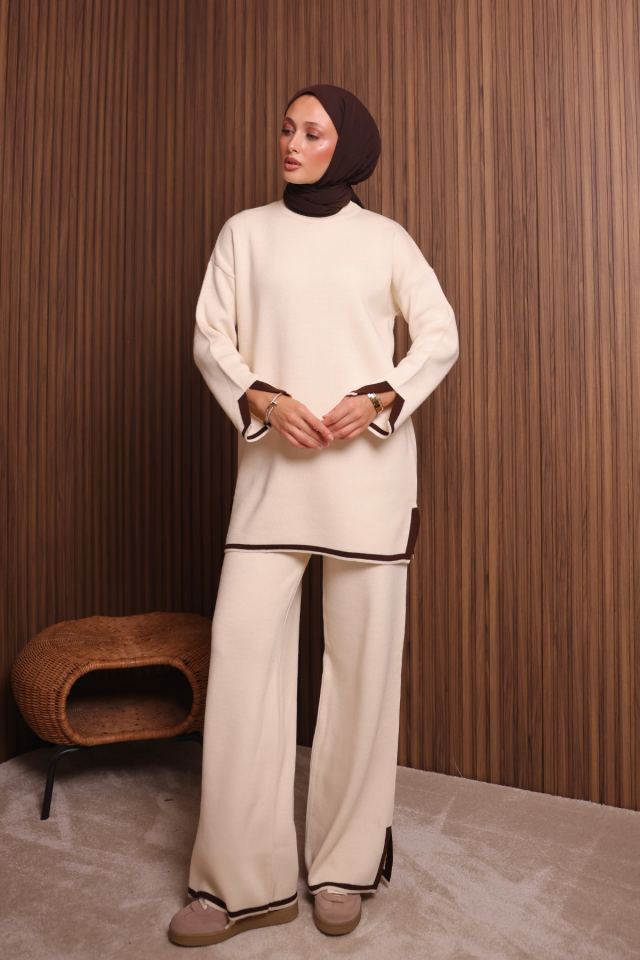 Balenbi Kadın Oversize Sık Örgü Yırtmaçlı Tesettür Triko Takım 1146 Standart - Krem
