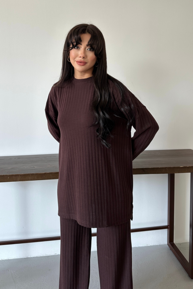 Balenbi Kadın Triko Görünümlü Çizgili Bisiklet Yaka Tesettür Tunik Takım 1152 XL - Kahverengi