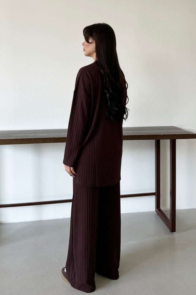 Balenbi Kadın Triko Görünümlü Çizgili Bisiklet Yaka Tesettür Tunik Takım 1152 XL - Kahverengi