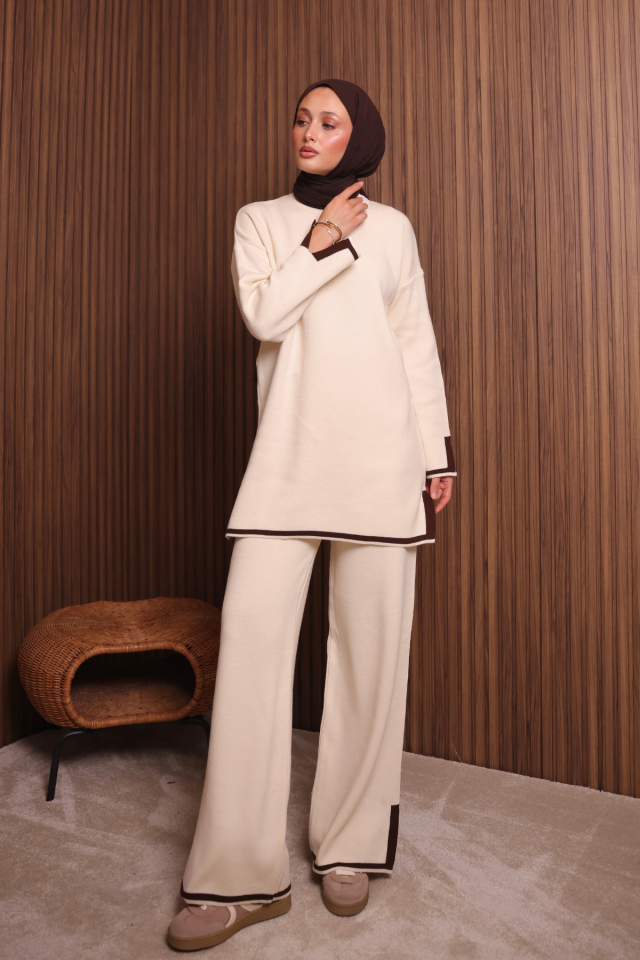 Balenbi Kadın Oversize Sık Örgü Yırtmaçlı Tesettür Triko Takım 1146 Standart - Krem