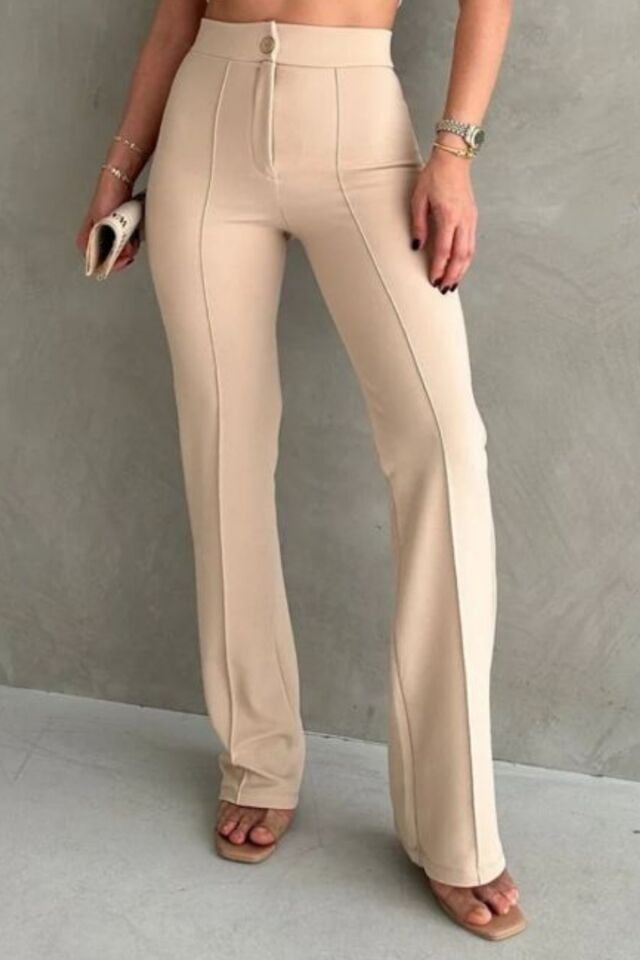 Balenbi 1079 Kadın Bej Yüksek Bel Toparlayıcı Ispanyol Paça Palazzo Pantolon 44 - Krem