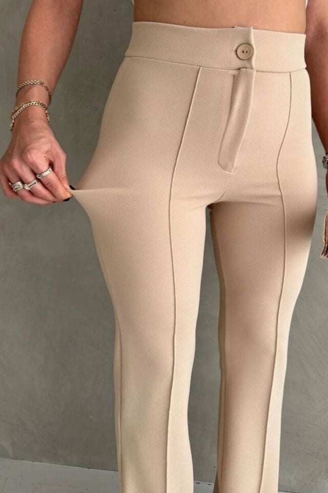 Balenbi 1079 Kadın Bej Yüksek Bel Toparlayıcı Ispanyol Paça Palazzo Pantolon 44 - Krem