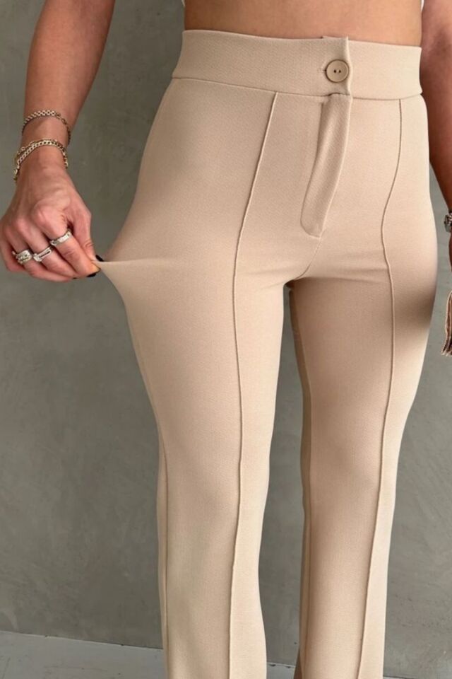 Balenbi 1079 Kadın Bej Yüksek Bel Toparlayıcı Ispanyol Paça Palazzo Pantolon 44 - Krem