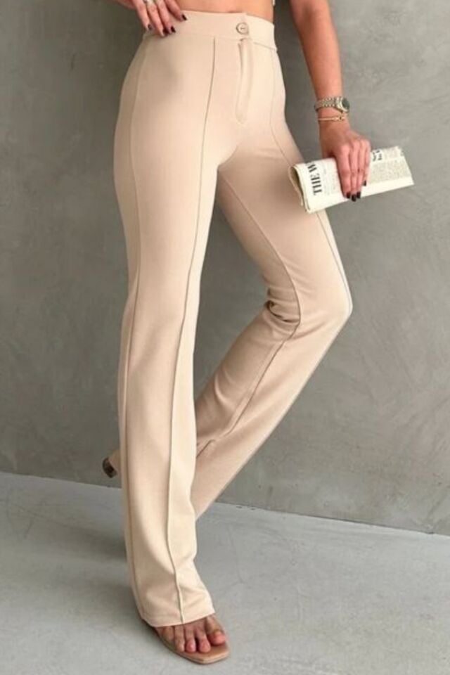 Balenbi 1079 Kadın Bej Yüksek Bel Toparlayıcı Ispanyol Paça Palazzo Pantolon Krem - 44