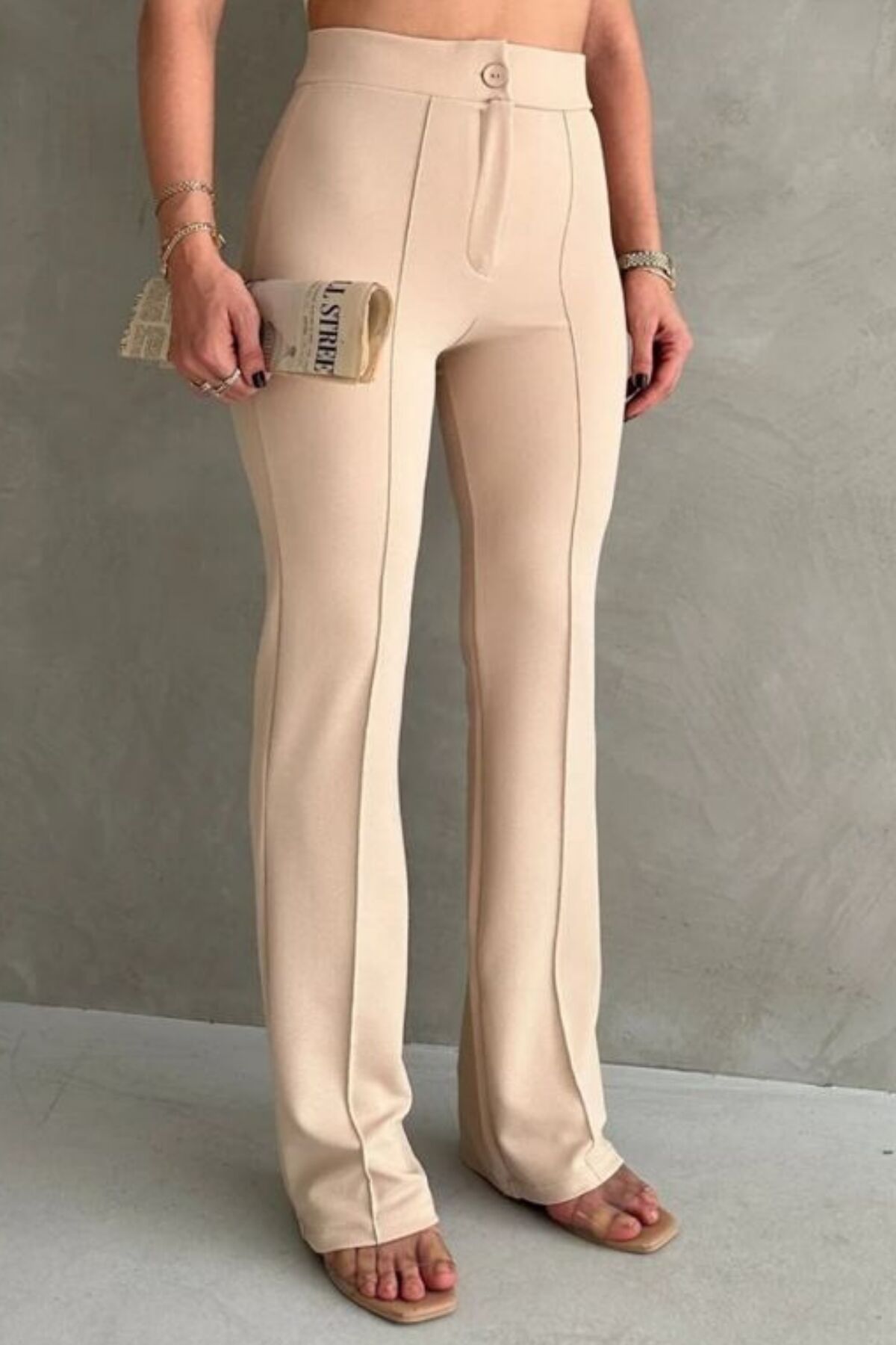 Balenbi 1079 Kadın Bej Yüksek Bel Toparlayıcı Ispanyol Paça Palazzo Pantolon 44 - Krem