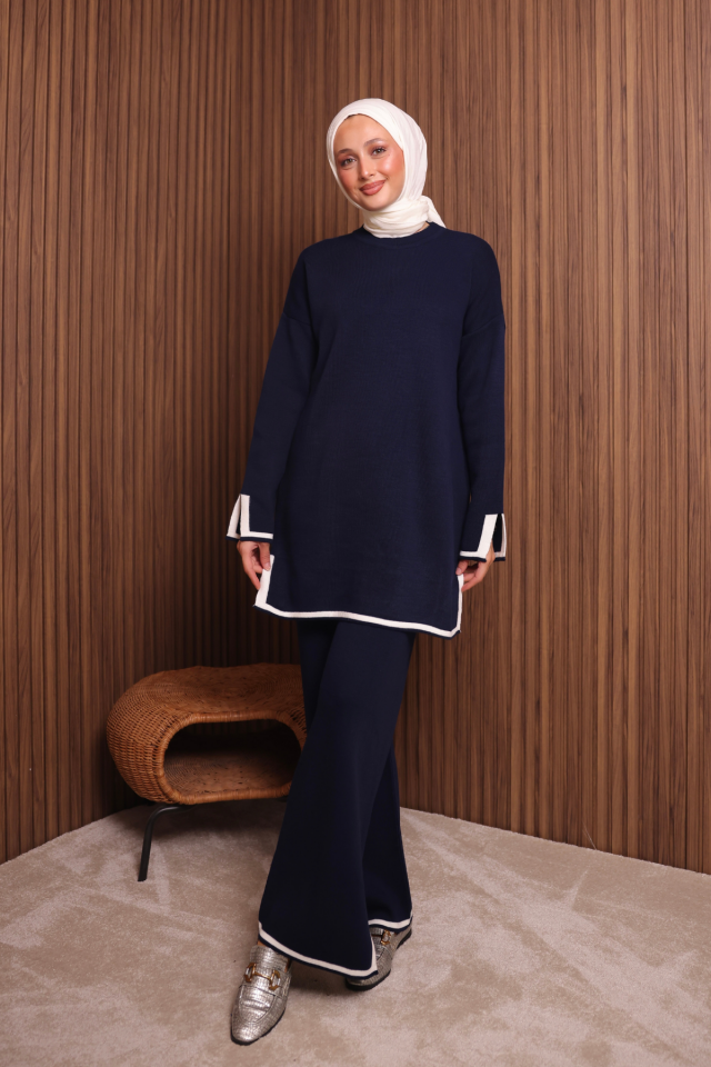 Balenbi Kadın Oversize Sık Örgü Yırtmaçlı Tesettür Triko Takım 1146 Standart - Lacivert