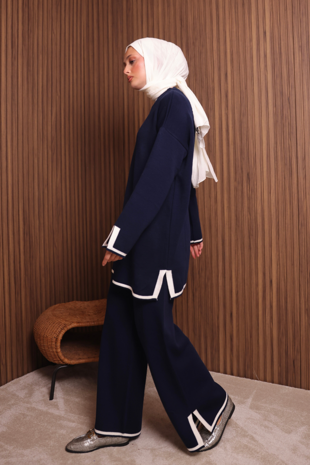 Balenbi Kadın Oversize Sık Örgü Yırtmaçlı Tesettür Triko Takım 1146 Standart - Lacivert