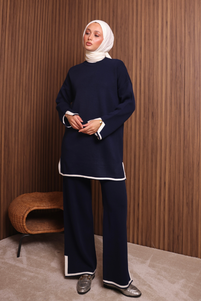 Balenbi Kadın Oversize Sık Örgü Yırtmaçlı Tesettür Triko Takım 1146 Standart - Lacivert