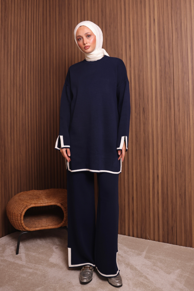 Balenbi Kadın Oversize Sık Örgü Yırtmaçlı Tesettür Triko Takım 1146 Standart - Lacivert