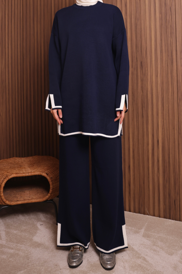 Balenbi Kadın Oversize Sık Örgü Yırtmaçlı Tesettür Triko Takım 1146 Lacivert - Standart