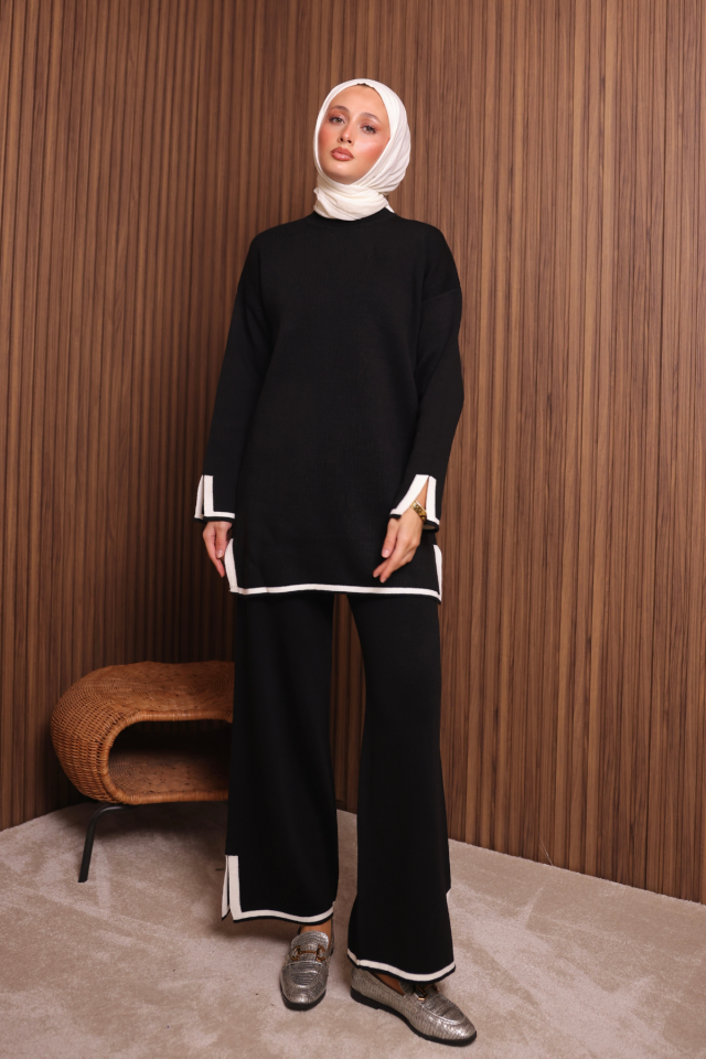 Balenbi Kadın Oversize Sık Örgü Yırtmaçlı Tesettür Triko Takım 1146 Standart - Siyah