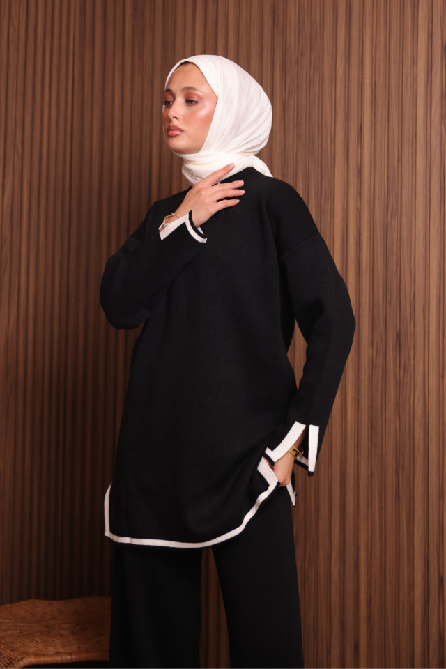 Balenbi Kadın Oversize Sık Örgü Yırtmaçlı Tesettür Triko Takım 1146 Standart - Siyah