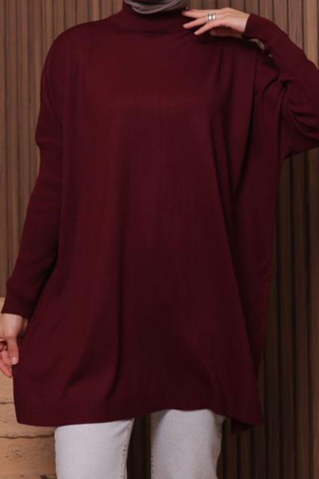 Balenbi Kadın Dik Yaka Basic 80cm Salaş Oversize Triko Tunik 1145 Standart - Bordo