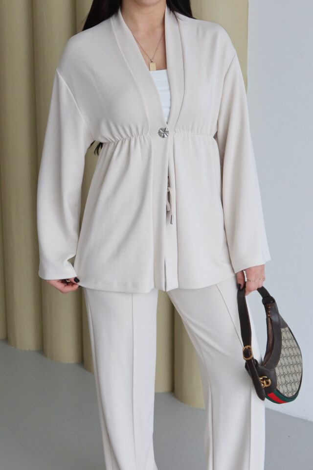 Balenbi Şal Yaka Büzgü Detaylı Rahat Kalıp Modal Kimono Tesettür Takım 1179 XL - Taş