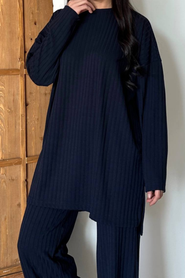 Balenbi Kadın Triko Görünümlü Çizgili Bisiklet Yaka Tesettür Tunik Takım 1152 M - Lacivert