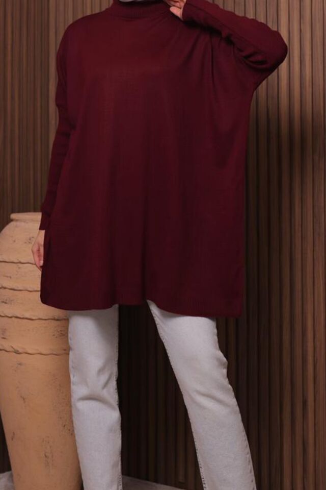 Balenbi Kadın Dik Yaka Basic 80cm Salaş Oversize Triko Tunik 1145 Standart - Bordo