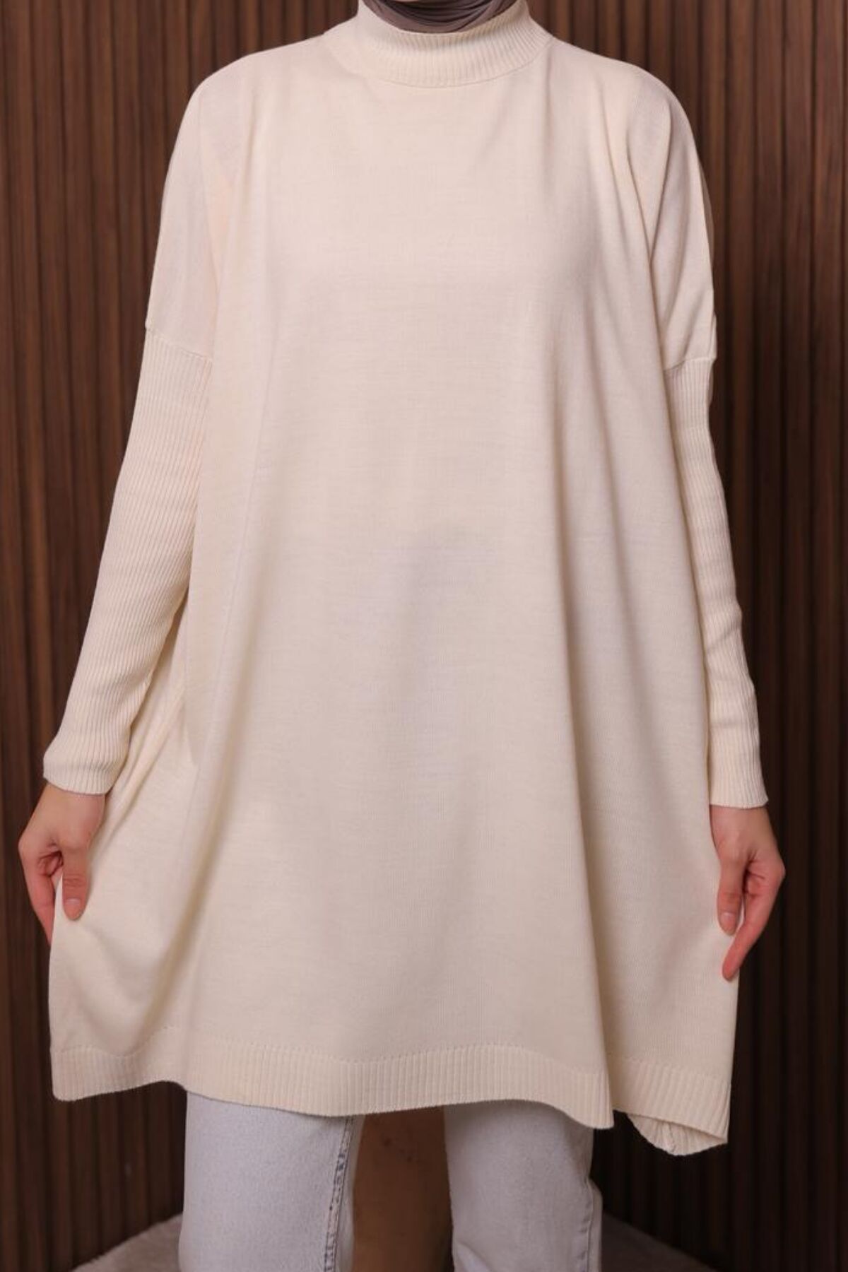 Balenbi Kadın Dik Yaka Basic 80cm Salaş Oversize Triko Tunik 1145 Standart - Ekru