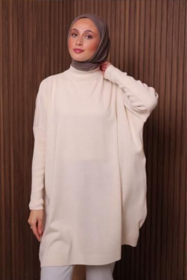 Balenbi Kadın Dik Yaka Basic 80cm Salaş Oversize Triko Tunik 1145 Standart - Ekru