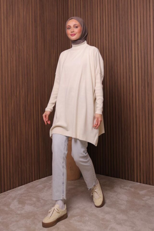 Balenbi Kadın Dik Yaka Basic 80cm Salaş Oversize Triko Tunik 1145 Standart - Ekru