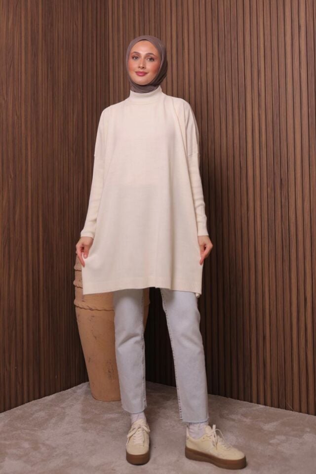 Balenbi Kadın Dik Yaka Basic 80cm Salaş Oversize Triko Tunik 1145 Standart - Ekru