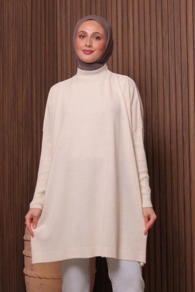 Balenbi Kadın Dik Yaka Basic 80cm Salaş Oversize Triko Tunik 1145 Standart - Ekru